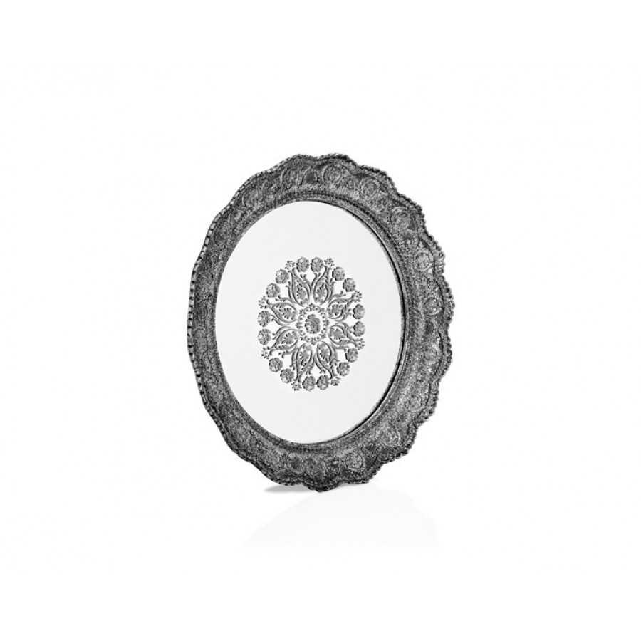 PR32-1048 - Gümüş Dantel İşlemeli Yuvarlak Aynalı Tepsi 32*32