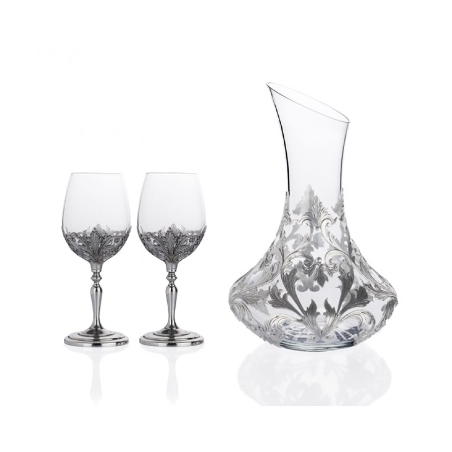 PR40-1001 - Gümüş İşlemeli Karaf ve 2li Şarap Kadeh Seti