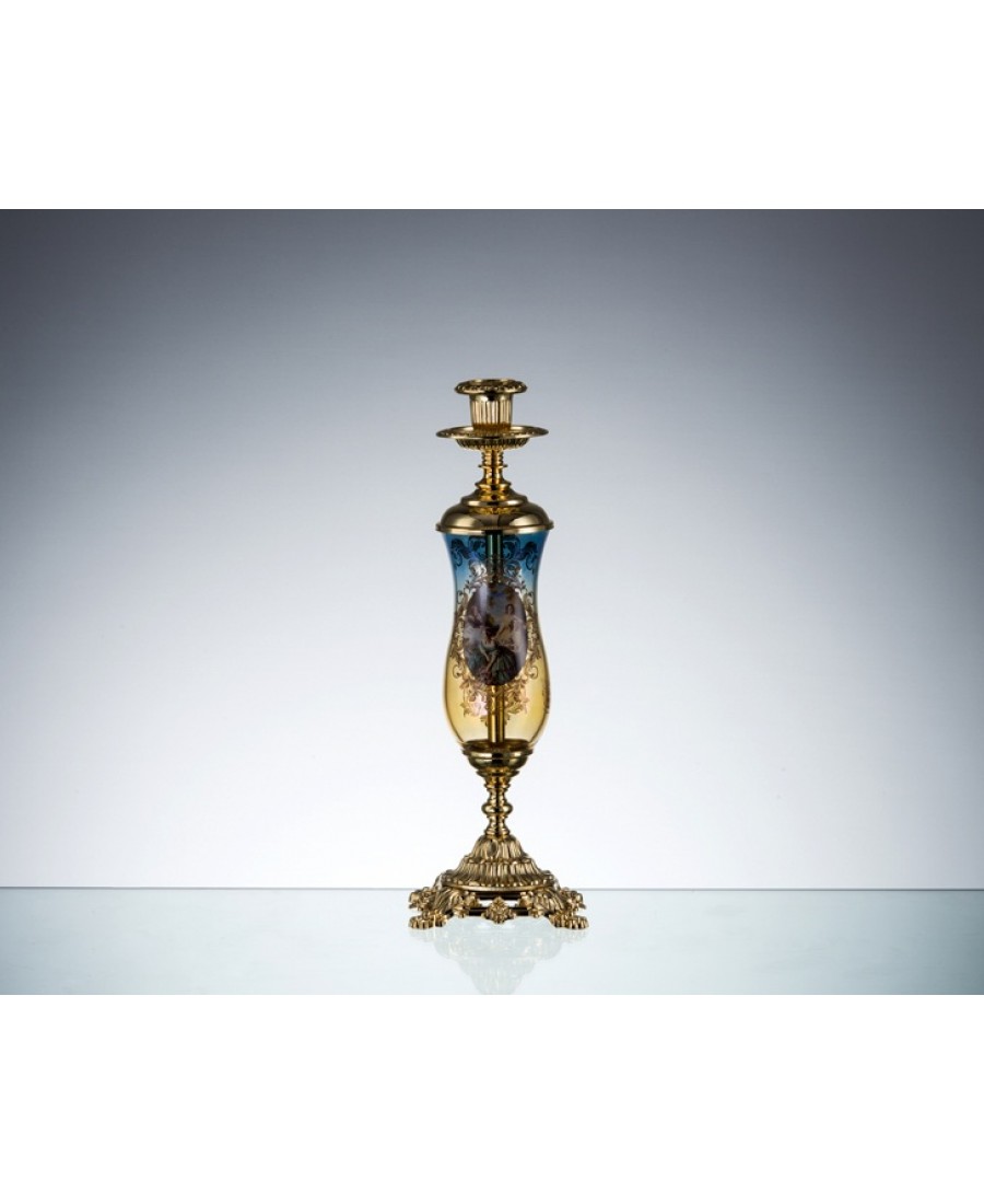 AHD-1747 - Altın-Mavi Amber Tekli Şamdan 37Cm