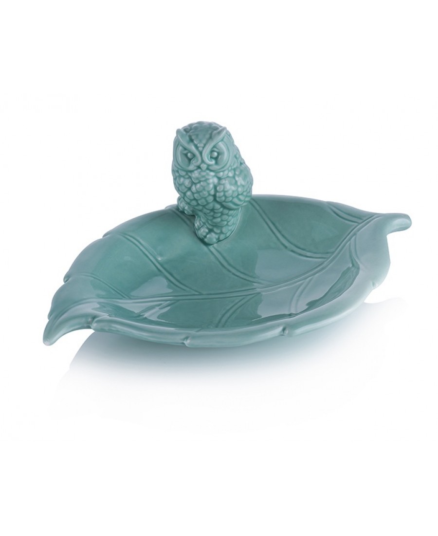 M66-192 - Yeşil Yaprak Şeklinde Baykuşlu Çerezlik 22cm