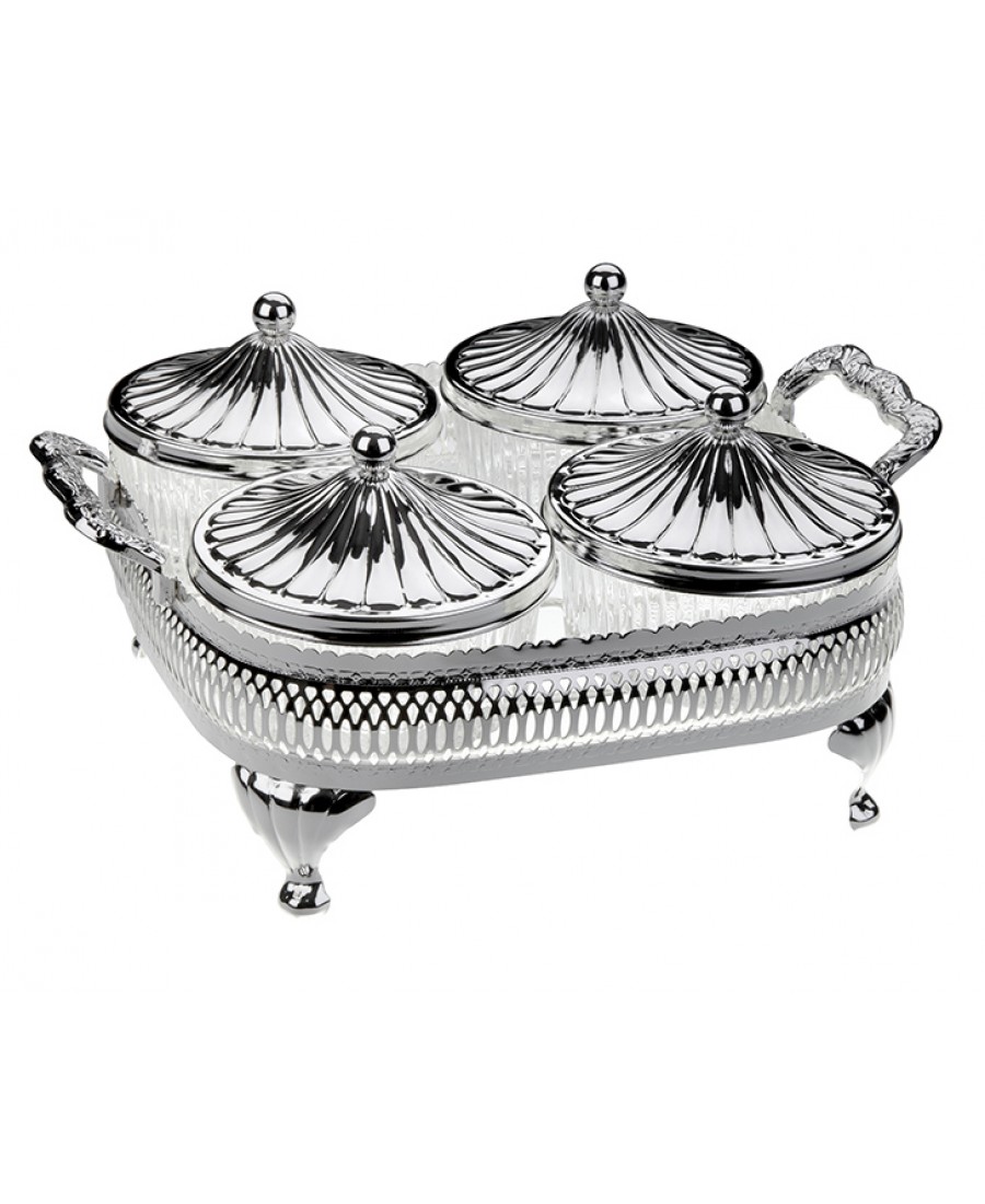 PR04-1021 - Gümüş-Cam 4lü Sunum Tepsili Kapaklı Kase Set 27*21