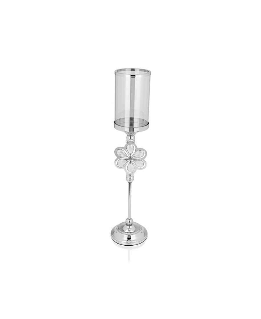 PR14-1085 - Gümüş Çiçek Detaylı Amber Camlı Mumluk 12*12*52