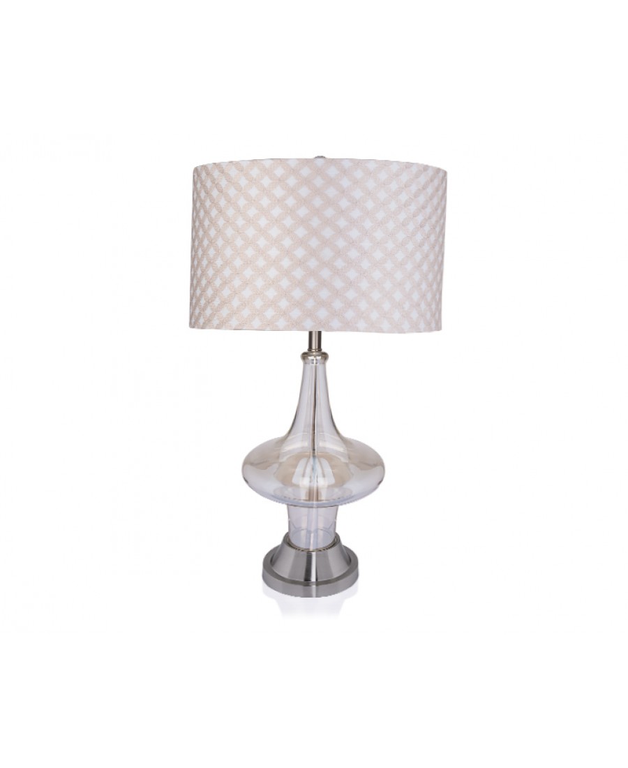 PR28-1002 - Cam Gövdeli Krem Renk Desen Şapkalı Abajur 38*78