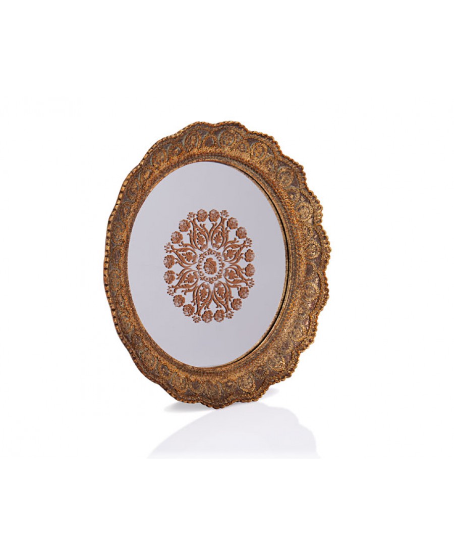 PR32-1047 - Altın Dantel İşlemeli Yuvarlak Aynalı Tepsi 40*40