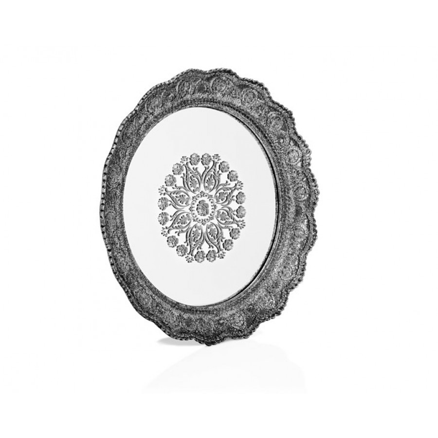 PR32-1049 - Gümüş  Dantel İşlemeli Yuvarlak Aynalı Tepsi 40*40
