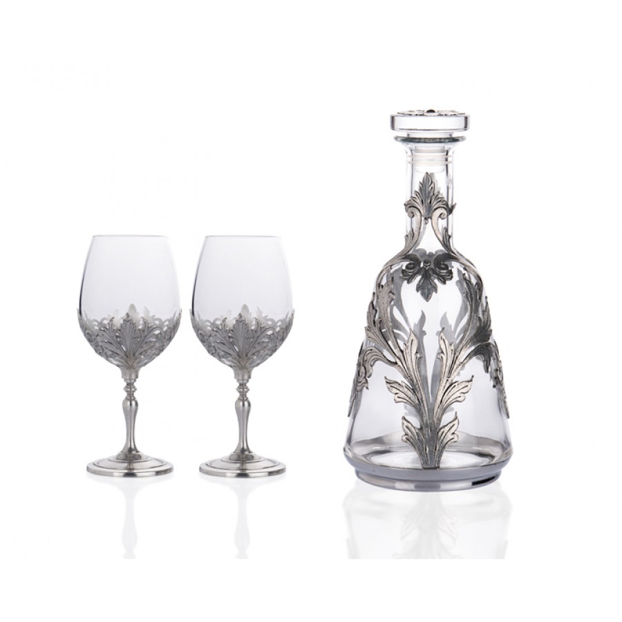 PR40-1002 - Gümüş İşlemeli Karaf ve 2li Şarap Kadeh Seti