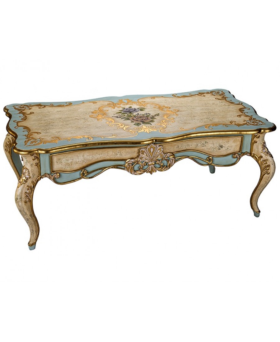 PR58-1014 - Altın-Turkuaz Çiçek Desenli Orta Sehpa 61*122