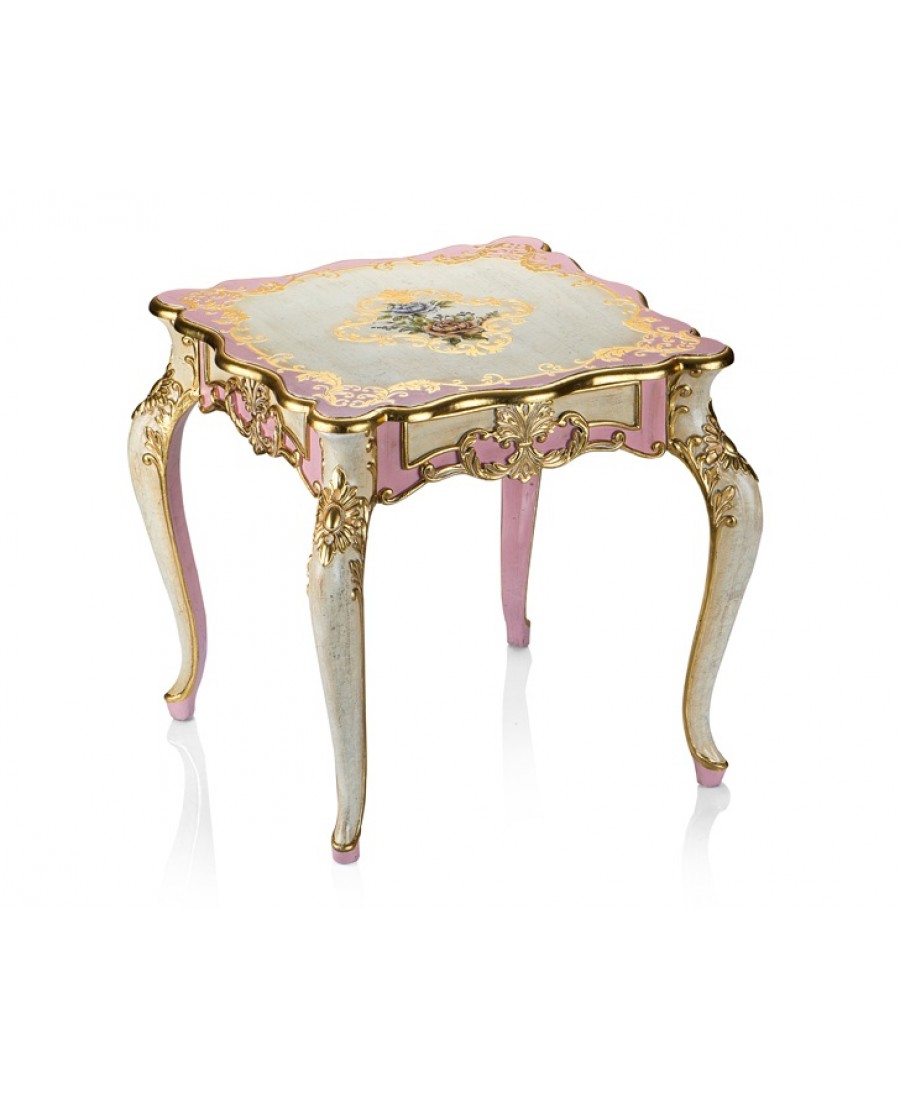 PR58-1038 - Altın-Pembe Çiçek Desenli Yan Sehpa 63*63