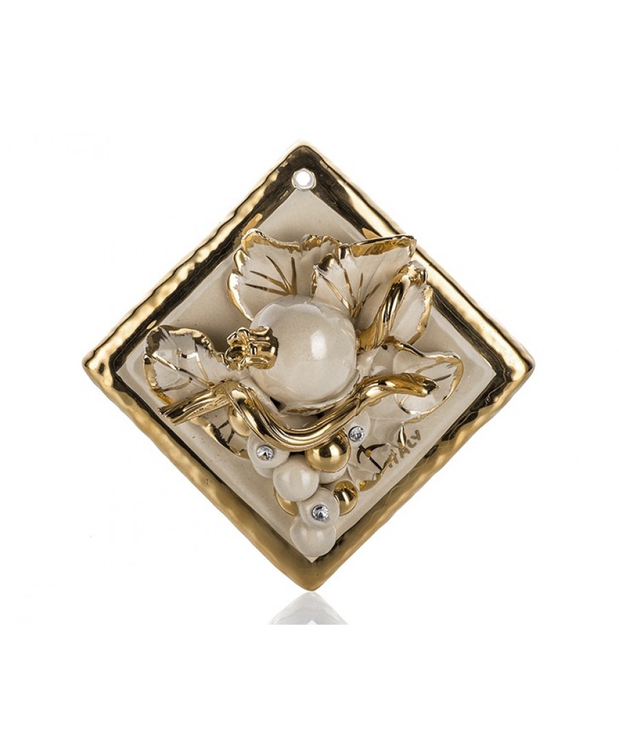 PR67-1006 - Altın Meyve Desenli Krem Kare Pano 14cm