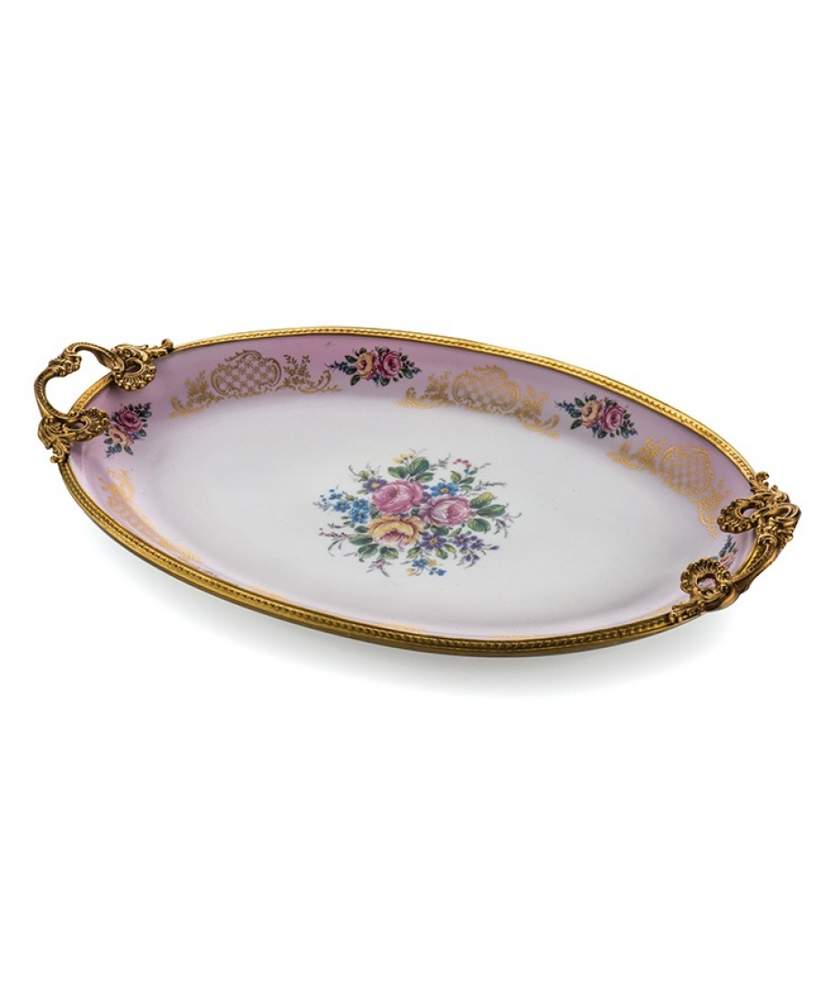 PR68-1019 - Altın Kulplu Gül Desn Pembe Oval O.boy Tepsi 39*23