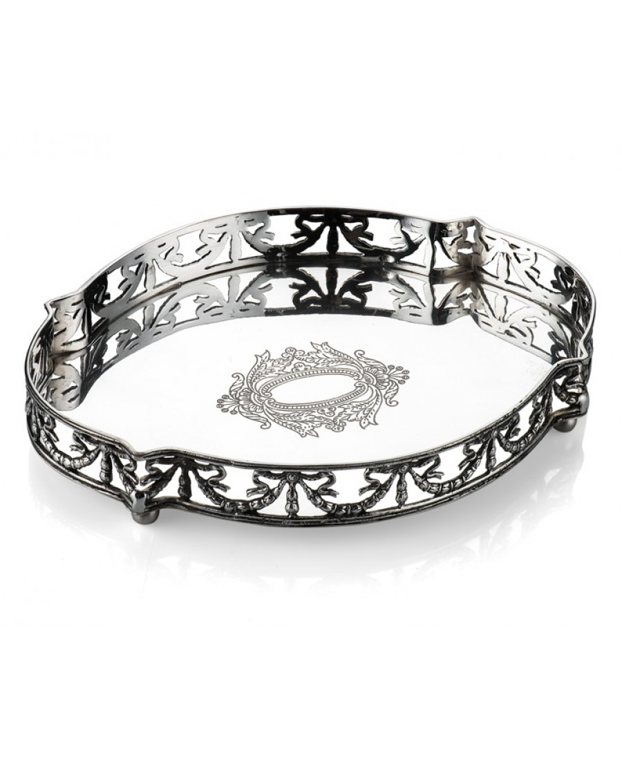 PR73-1005 - Gümüş Yan Desenli Oval Tepsi 25*20