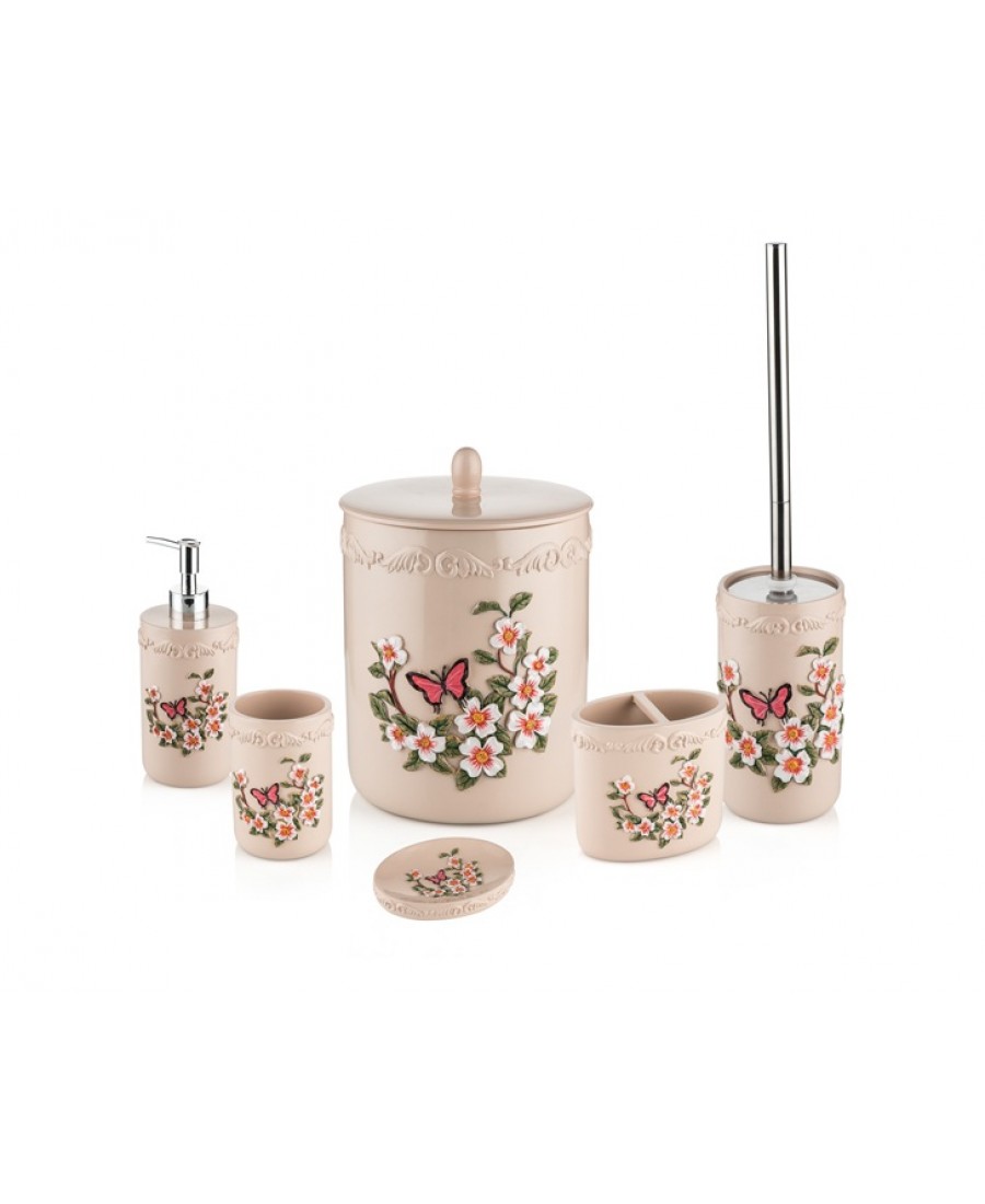 PR79-1005 - Krem Kelebek Desenli 6lı Banyo Seti