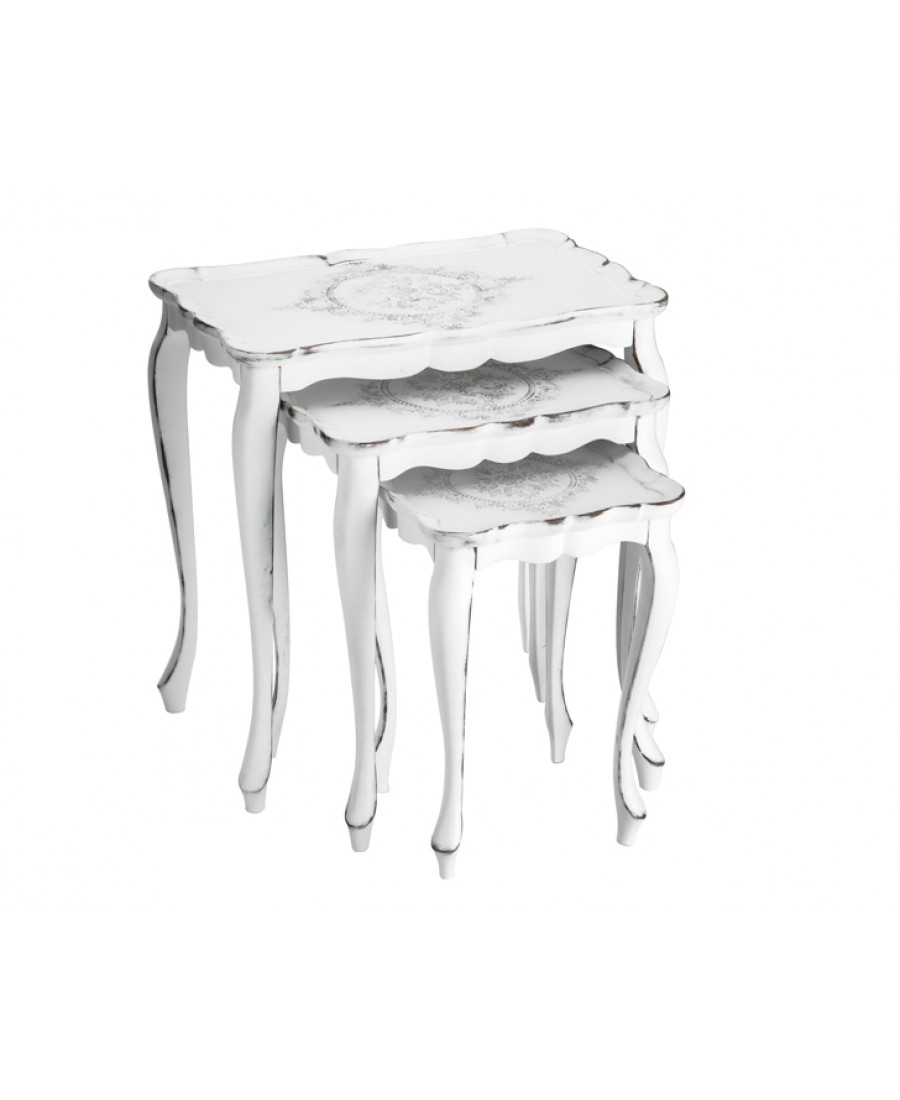 PR94-1009 - Beyaz Eskitme İşlemeli Ahşap Kare Zigon Sehpa